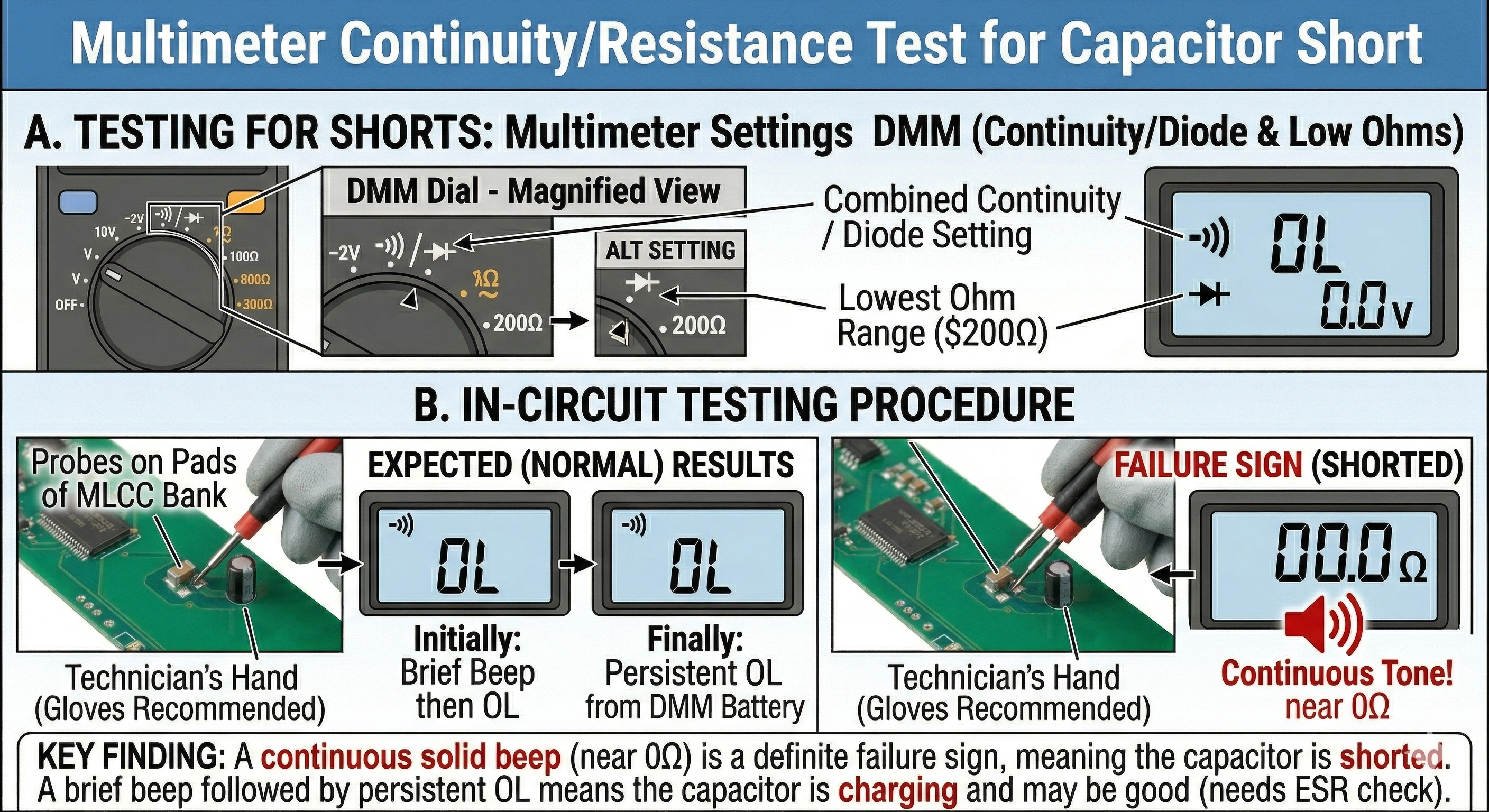 Multimeter Continuity/Resistance Test for Capacitor Short
